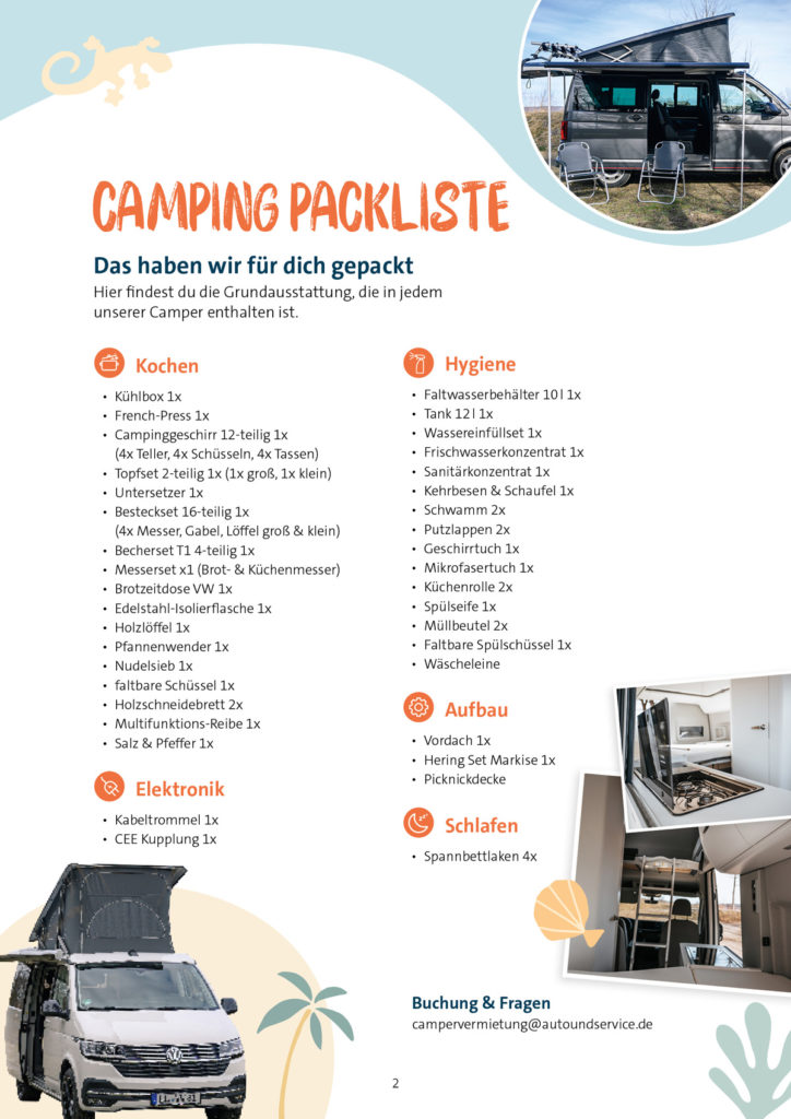 Packliste Auto & Service Campervermietung Landsberg - Pensberg - Weilheim